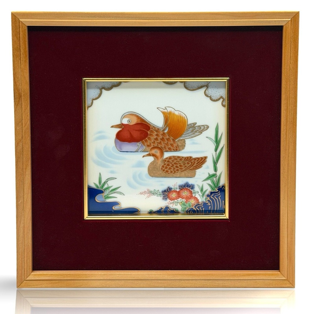 Vintage Fukagawa Arita Porcelain Toban Plaque Mandarin Ducks Framed + Box Japan